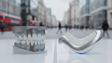 A close-up, photorealistic image of two contrasting dental concepts on a reflective surface. On the left, a simpler, robust, abstract dental form or tool represents essential care. On the right, a more refined, polished, and aesthetically pleasing abstract dental material sample represents advanced, private care. The background is a blurred, modern UK city scene with generic architecture, indicating the location.
