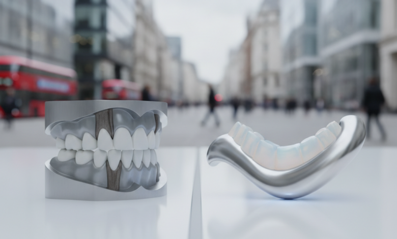 A close-up, photorealistic image of two contrasting dental concepts on a reflective surface. On the left, a simpler, robust, abstract dental form or tool represents essential care. On the right, a more refined, polished, and aesthetically pleasing abstract dental material sample represents advanced, private care. The background is a blurred, modern UK city scene with generic architecture, indicating the location.