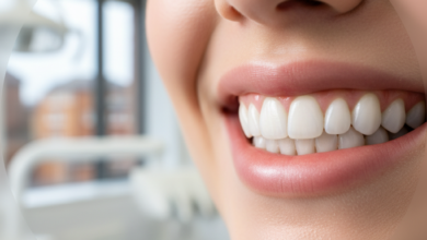 A close-up, photorealistic image of a perfect, healthy, bright smile with white, well-aligned teeth. The background is a blurred, modern dental clinic interior with soft lighting, and in the deep distance, a heavily out-of-focus city skyline suggestive of the UK is visible through a window. The image conveys cleanliness, professionalism, and oral health.