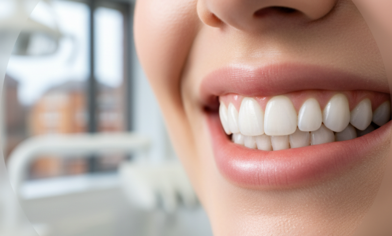 A close-up, photorealistic image of a perfect, healthy, bright smile with white, well-aligned teeth. The background is a blurred, modern dental clinic interior with soft lighting, and in the deep distance, a heavily out-of-focus city skyline suggestive of the UK is visible through a window. The image conveys cleanliness, professionalism, and oral health.