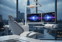 A close-up, photorealistic view inside a modern, high-tech dental clinic. An empty, sleek white dental chair and advanced digital screens with abstract patterns are visible in the mid-ground. Meticulously arranged, sterile dental instruments rest on a clean counter in the foreground. Through a large window in the background, a heavily blurred, urban UK cityscape is discernible under cool lighting. The image suggests professionalism, advanced care, and high costs.