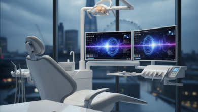 A close-up, photorealistic view inside a modern, high-tech dental clinic. An empty, sleek white dental chair and advanced digital screens with abstract patterns are visible in the mid-ground. Meticulously arranged, sterile dental instruments rest on a clean counter in the foreground. Through a large window in the background, a heavily blurred, urban UK cityscape is discernible under cool lighting. The image suggests professionalism, advanced care, and high costs.