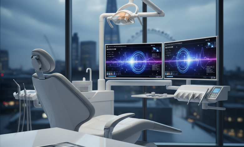 A close-up, photorealistic view inside a modern, high-tech dental clinic. An empty, sleek white dental chair and advanced digital screens with abstract patterns are visible in the mid-ground. Meticulously arranged, sterile dental instruments rest on a clean counter in the foreground. Through a large window in the background, a heavily blurred, urban UK cityscape is discernible under cool lighting. The image suggests professionalism, advanced care, and high costs.