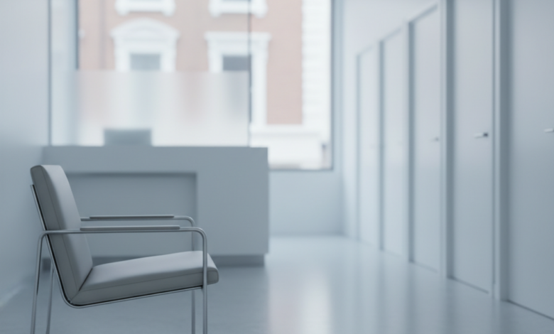An empty, pristine, and modern dental waiting room, featuring a single, unoccupied gray waiting chair in the foreground. In the blurred background, a reception desk and several closed white doors of treatment rooms are visible, hinting at unavailability. Through a large window, a very subtle, out-of-focus suggestion of British red-brick architecture can be seen outside, emphasizing a UK setting. The scene is quiet, sterile, and conveys a sense of prolonged waiting and inaccessibility.