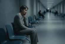 A person, gender-neutral and middle-aged, with a subtle expression of concern, gently touching their jaw. They are seated in a sparse, cool-toned public waiting room with a blurred background of empty chairs and a long corridor, symbolizing long wait times and limited access to dental care.