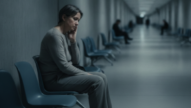 A person, gender-neutral and middle-aged, with a subtle expression of concern, gently touching their jaw. They are seated in a sparse, cool-toned public waiting room with a blurred background of empty chairs and a long corridor, symbolizing long wait times and limited access to dental care.