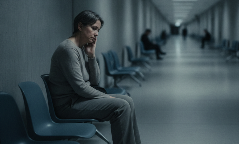 A person, gender-neutral and middle-aged, with a subtle expression of concern, gently touching their jaw. They are seated in a sparse, cool-toned public waiting room with a blurred background of empty chairs and a long corridor, symbolizing long wait times and limited access to dental care.