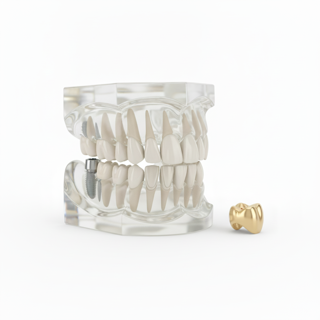 Full Mouth Restoration UK Guide showcases various dental components like implants, crowns, and bridges for comprehensive oral rehabilitation.