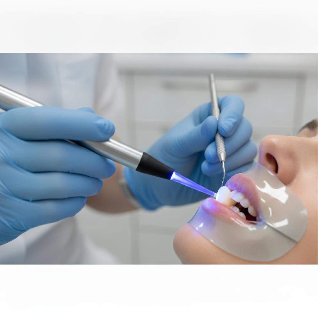 Composite Bonding UK, dentist uses blue light to cure resin on a patient's tooth