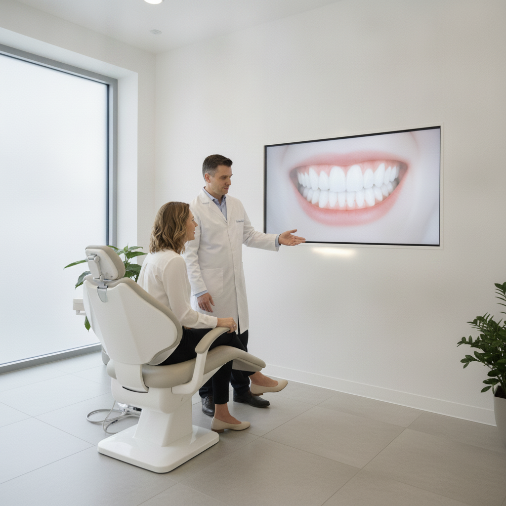 Smile Makeover London: Patient visualising their future radiant smile with a skilled dentist