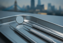 Close-up of gleaming, sterile dental instruments on a clean tray, with a blurred, indistinct London cityscape in the soft-focus background, emphasizing quality and safety in dental care.