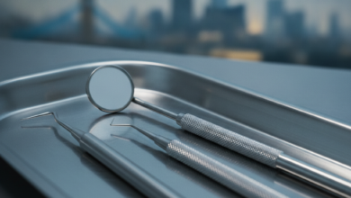 Close-up of gleaming, sterile dental instruments on a clean tray, with a blurred, indistinct London cityscape in the soft-focus background, emphasizing quality and safety in dental care.
