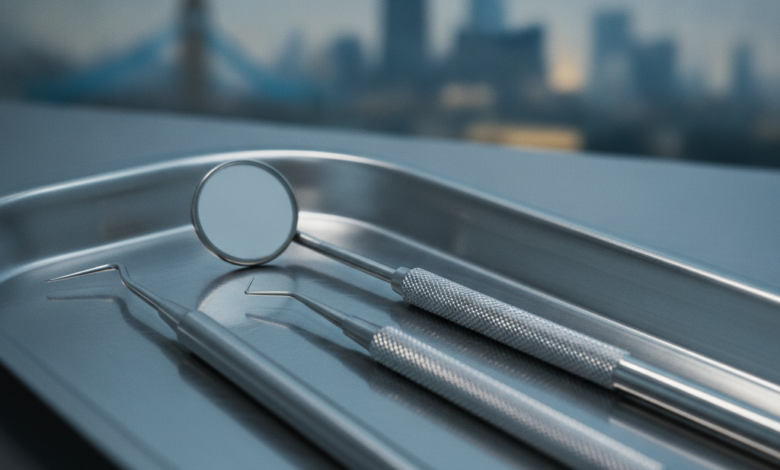 Close-up of gleaming, sterile dental instruments on a clean tray, with a blurred, indistinct London cityscape in the soft-focus background, emphasizing quality and safety in dental care.