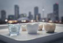 Close-up, high-detail view of three distinct dental crowns made from different materials (translucent ceramic, opaque white zirconia, and a porcelain-fused-to-metal crown) arranged on a clean, reflective surface. The background is a heavily blurred, out-of-focus city skyline of Birmingham, UK.