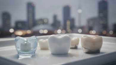 Close-up, high-detail view of three distinct dental crowns made from different materials (translucent ceramic, opaque white zirconia, and a porcelain-fused-to-metal crown) arranged on a clean, reflective surface. The background is a heavily blurred, out-of-focus city skyline of Birmingham, UK.