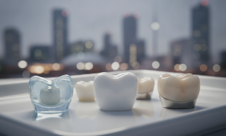 Close-up, high-detail view of three distinct dental crowns made from different materials (translucent ceramic, opaque white zirconia, and a porcelain-fused-to-metal crown) arranged on a clean, reflective surface. The background is a heavily blurred, out-of-focus city skyline of Birmingham, UK.