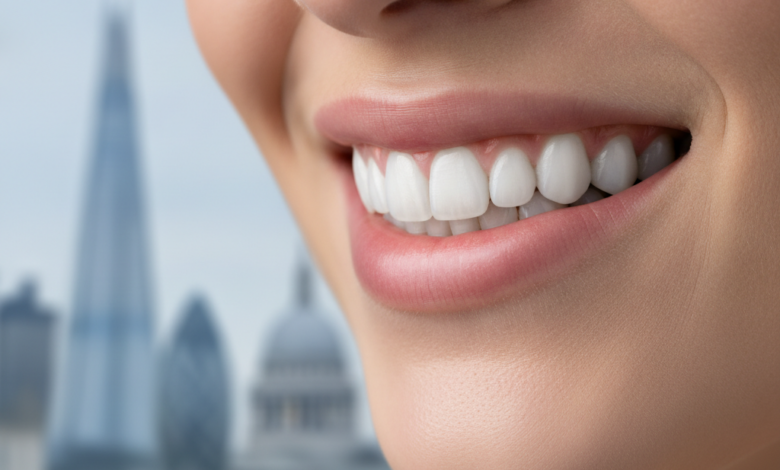 Close-up of a healthy, bright smile with perfectly aligned teeth, subtly hinting at advanced dental implant work. The background features a softly blurred London cityscape with recognizable landmarks, conveying high-quality dental care in a prominent urban setting.