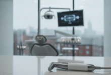 A close-up of a modern, sterile dental instrument resting on a clean surface in a high-tech dental clinic, with a blurred, indistinct UK cityscape visible through a window in the background.