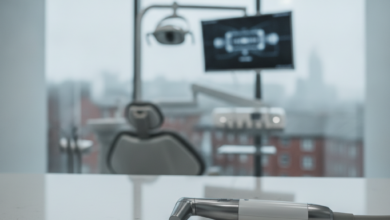 A close-up of a modern, sterile dental instrument resting on a clean surface in a high-tech dental clinic, with a blurred, indistinct UK cityscape visible through a window in the background.