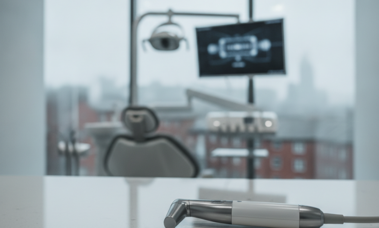 A close-up of a modern, sterile dental instrument resting on a clean surface in a high-tech dental clinic, with a blurred, indistinct UK cityscape visible through a window in the background.