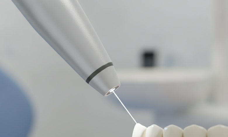 A close-up, photorealistic image of a sophisticated dental laser emitting a focused beam of light onto a tooth or gum, set against a blurred background of a modern dental clinic.