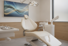 An inviting, modern dental treatment room in the UK with a comfortable ergonomic dental chair, sleek dental light, and blurred background, conveying a calm and pain-free dental experience.