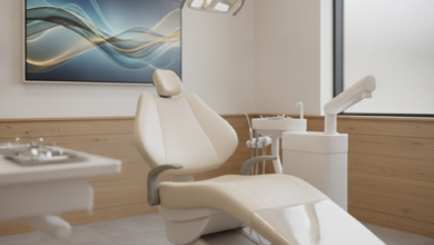 An inviting, modern dental treatment room in the UK with a comfortable ergonomic dental chair, sleek dental light, and blurred background, conveying a calm and pain-free dental experience.