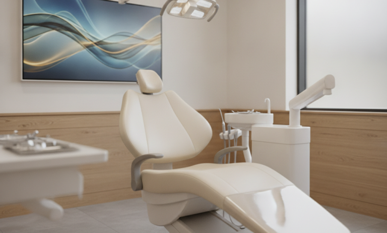 An inviting, modern dental treatment room in the UK with a comfortable ergonomic dental chair, sleek dental light, and blurred background, conveying a calm and pain-free dental experience.