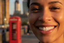 A close-up, photorealistic shot of a person with a radiant, confident smile, showcasing perfectly white and aligned teeth. The background is softly blurred with recognizable elements of the London cityscape, such as a hint of the Houses of Parliament, subtly placing the scene in London.