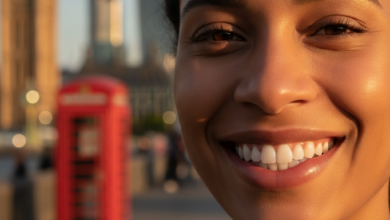 A close-up, photorealistic shot of a person with a radiant, confident smile, showcasing perfectly white and aligned teeth. The background is softly blurred with recognizable elements of the London cityscape, such as a hint of the Houses of Parliament, subtly placing the scene in London.