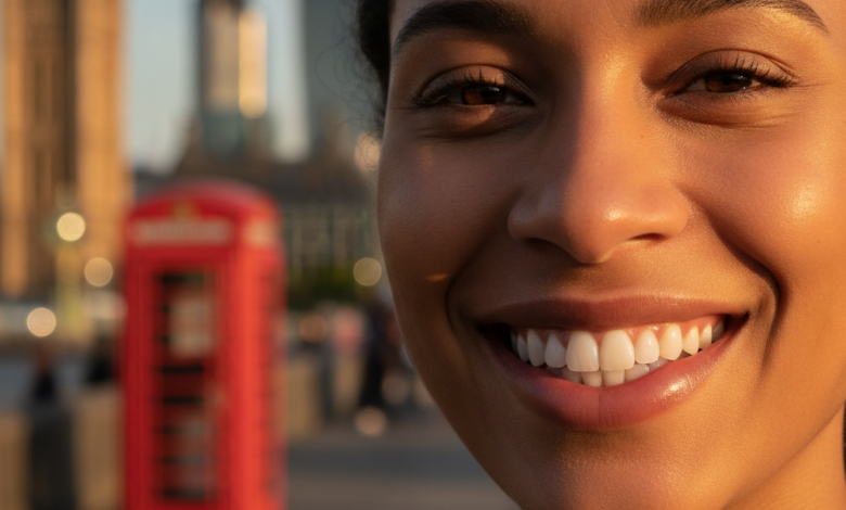 A close-up, photorealistic shot of a person with a radiant, confident smile, showcasing perfectly white and aligned teeth. The background is softly blurred with recognizable elements of the London cityscape, such as a hint of the Houses of Parliament, subtly placing the scene in London.