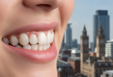 Close-up of a radiant, natural-looking smile with perfectly aligned and bright teeth, subtly hinting at dental veneers. In the softly blurred background, the distinct skyline of Manchester, UK, is visible under cinematic lighting, conveying a sense of confidence and quality.