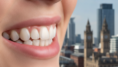 Close-up of a radiant, natural-looking smile with perfectly aligned and bright teeth, subtly hinting at dental veneers. In the softly blurred background, the distinct skyline of Manchester, UK, is visible under cinematic lighting, conveying a sense of confidence and quality.