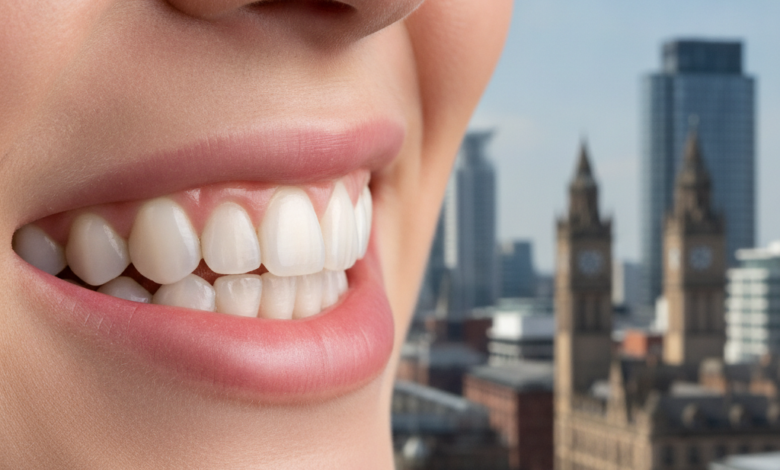 Close-up of a radiant, natural-looking smile with perfectly aligned and bright teeth, subtly hinting at dental veneers. In the softly blurred background, the distinct skyline of Manchester, UK, is visible under cinematic lighting, conveying a sense of confidence and quality.