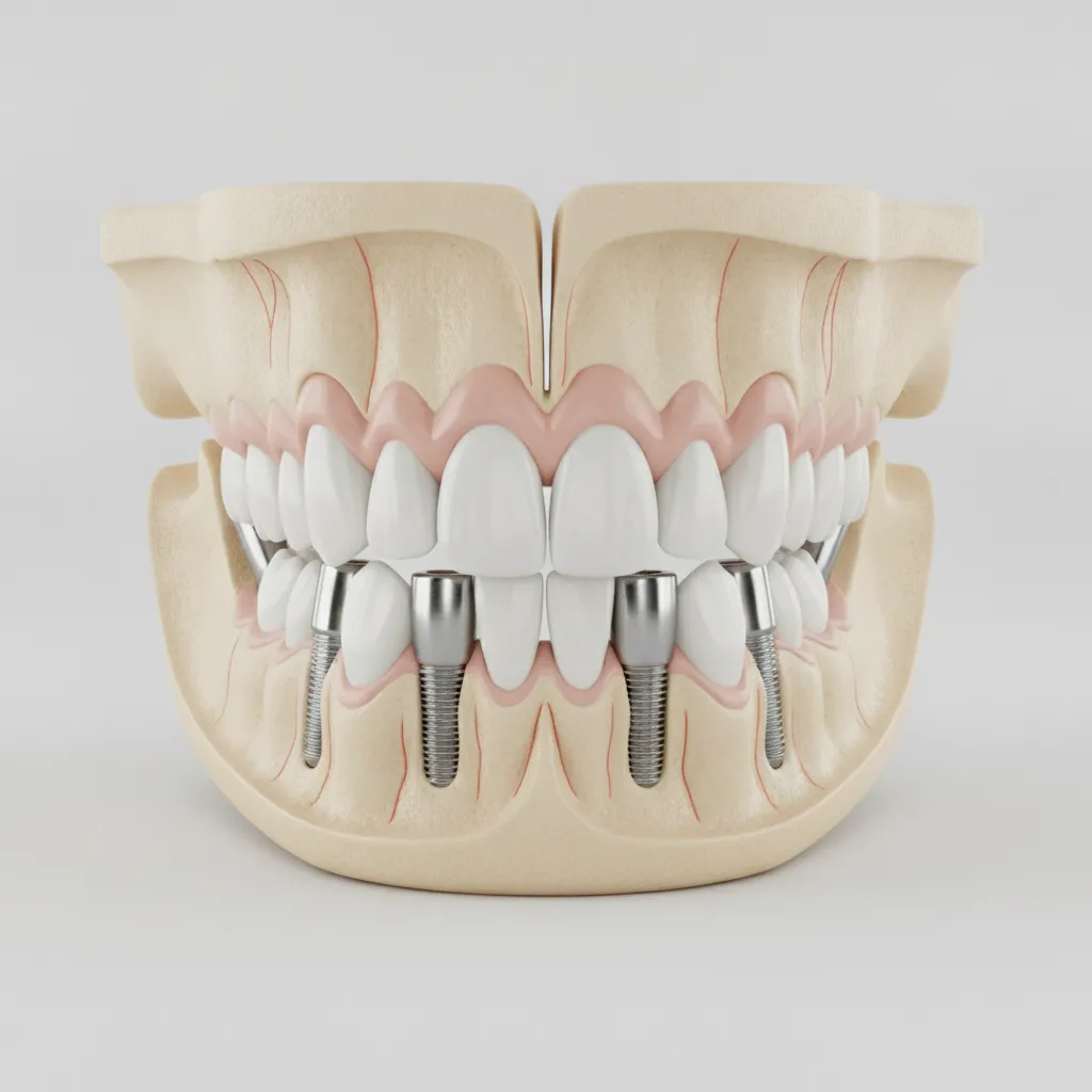 All-on-4 vs All-on-6 Implants: Visualizing the All-on-4 dental system with four implants and a full bridge.