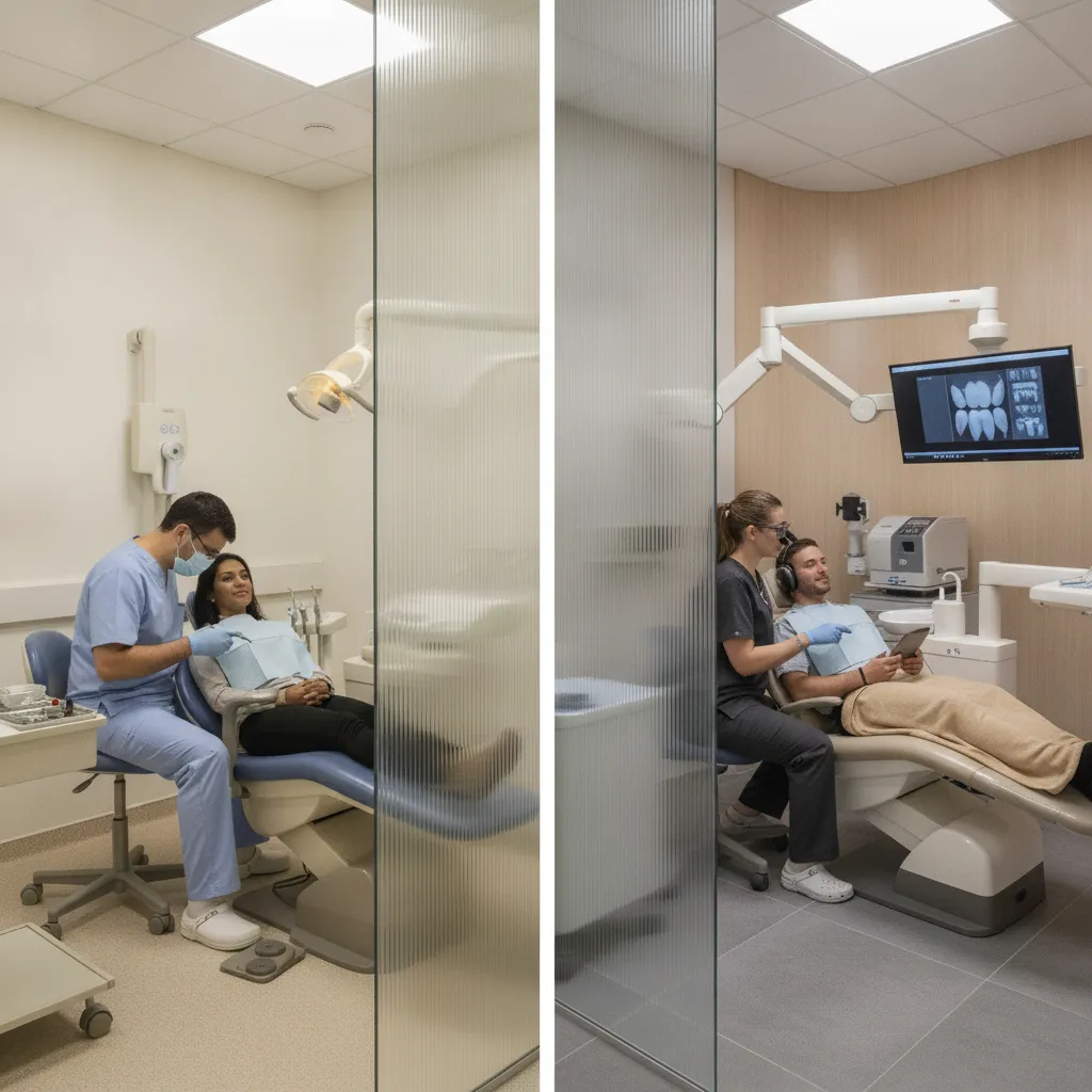 Two dental surgeries side by side, one basic and one higher-end