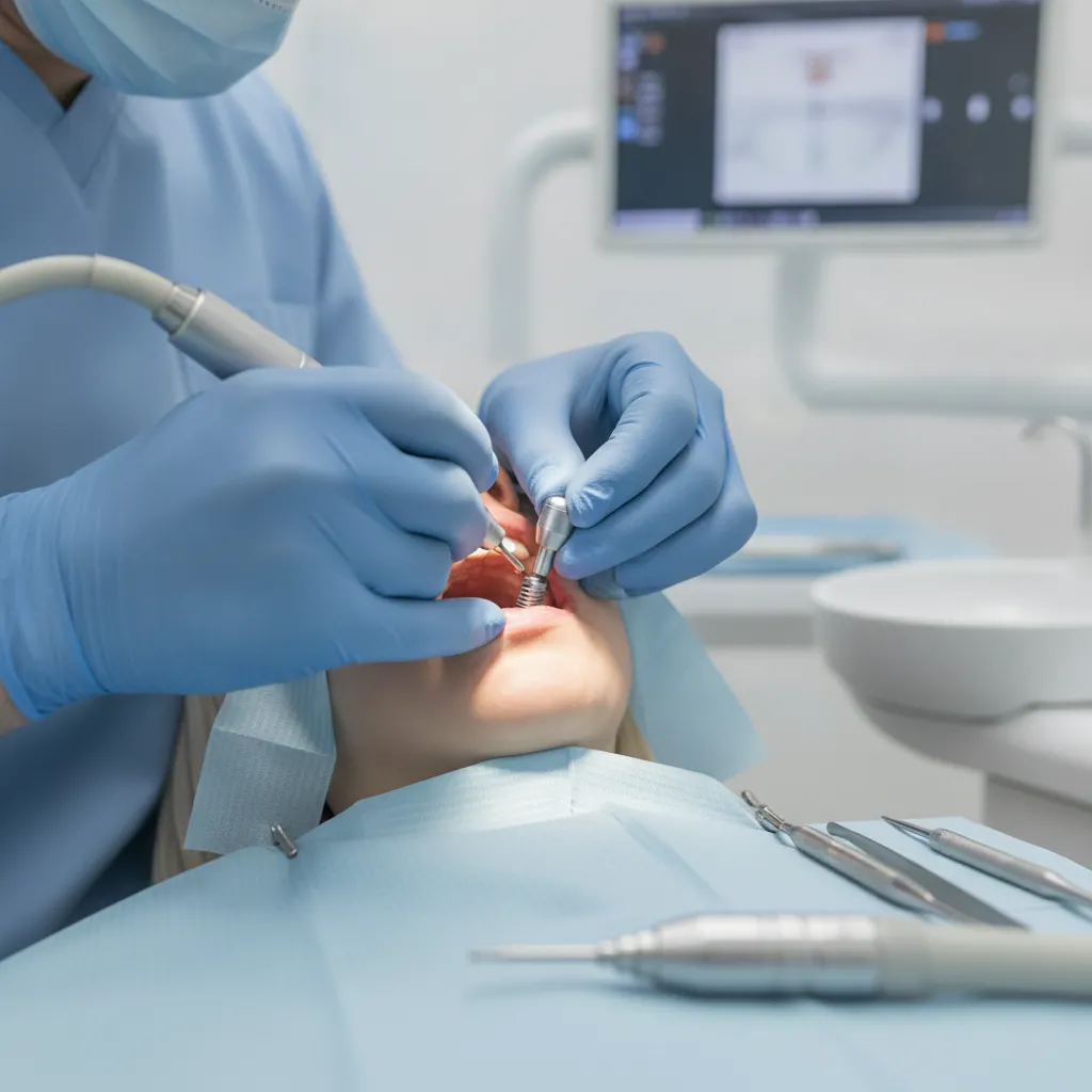Dental implants for UK patients: a dentist places a titanium dental implant during surgery
