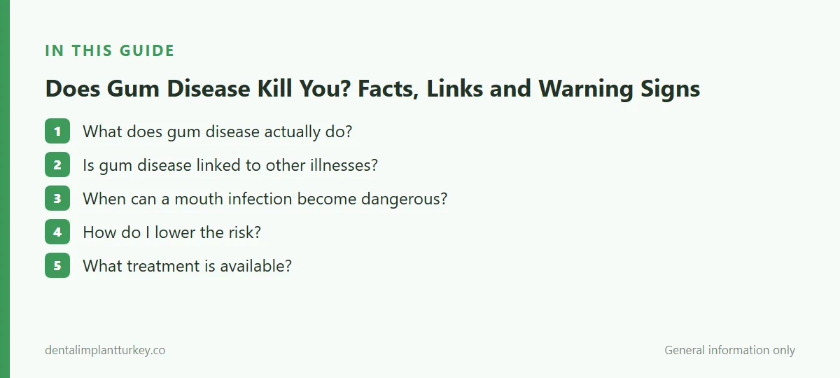 Summary: What does gum disease actually do? · Is gum disease linked to other illnesses? · When can a mouth infection become dangerous? · How do I lower the risk? · What treatment is available?