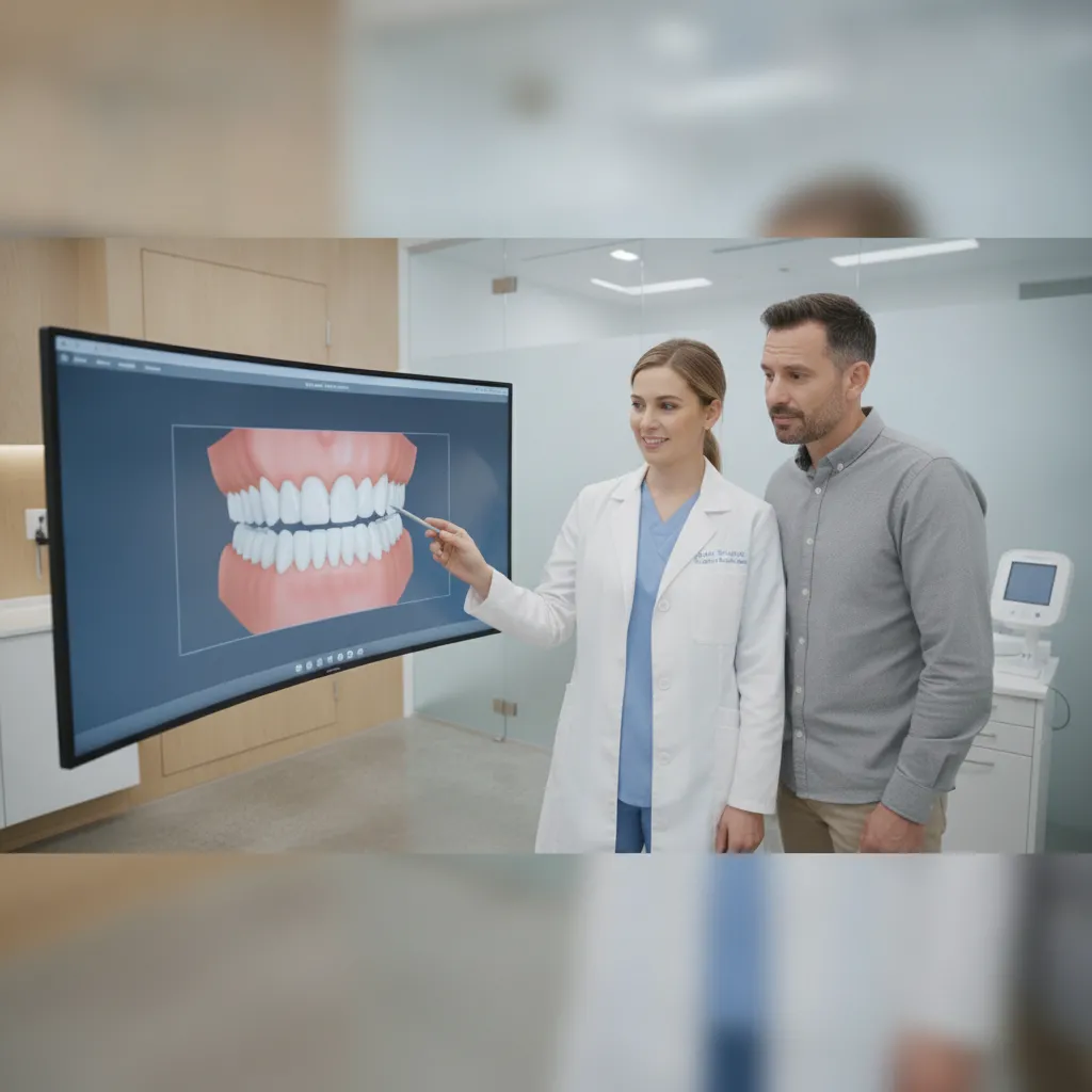 Smile Makeover UK: Dentist and patient reviewing digital smile design for personalized treatment plan.