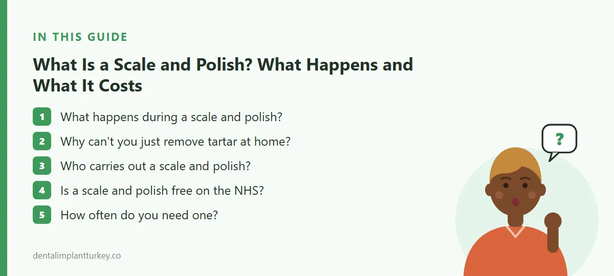 Summary: What happens during a scale and polish? · Why can't you just remove tartar at home? · Who carries out a scale and polish? · Is a scale and polish free on the NHS? · How often do you need one?