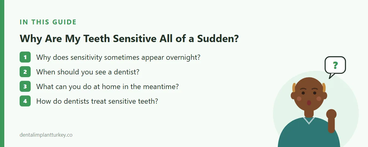 Summary: Why does sensitivity sometimes appear overnight? · When should you see a dentist? · What can you do at home in the meantime? · How do dentists treat sensitive teeth?